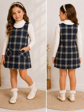Girls Plaid Jumper Dress Set with Pearl Headband Size 7
